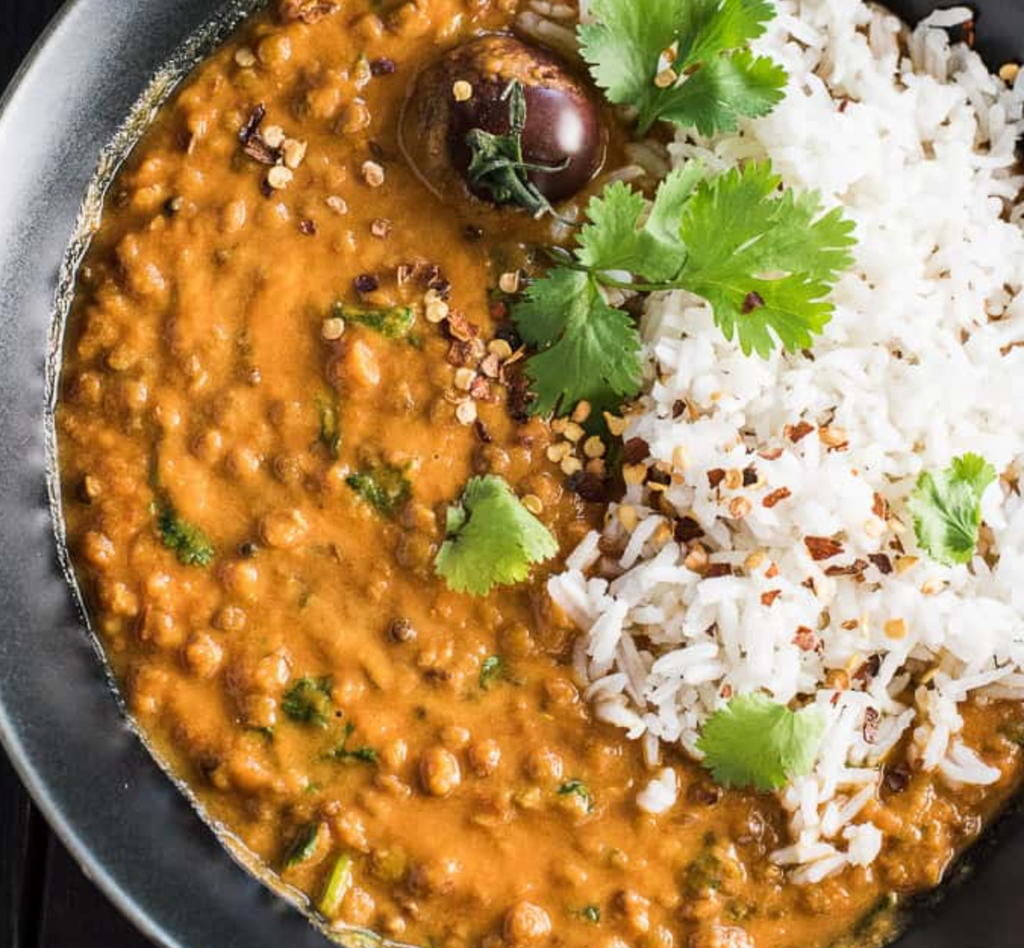 Creamy Lentil Curry with Rice and Roasted Root Vegetables